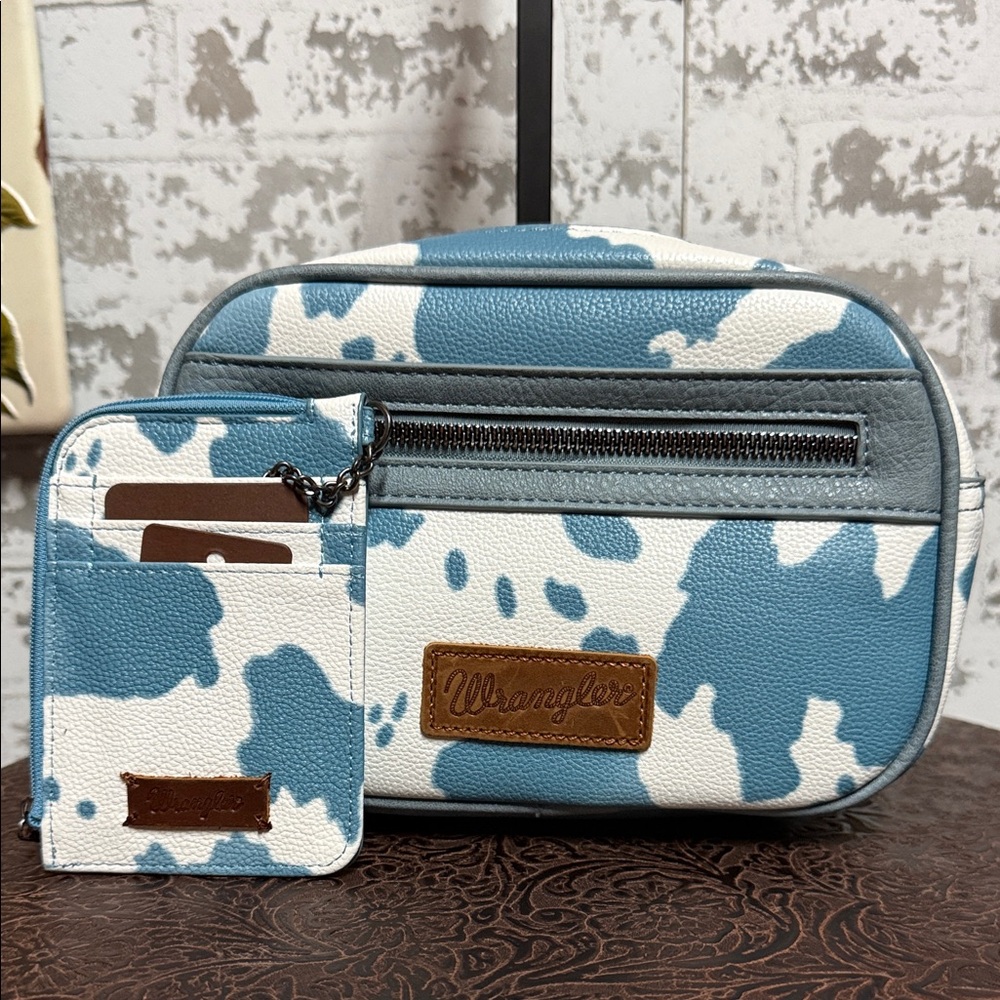 Wrangler Blue & White Cow Print Belt Bag with Matching Card Holder